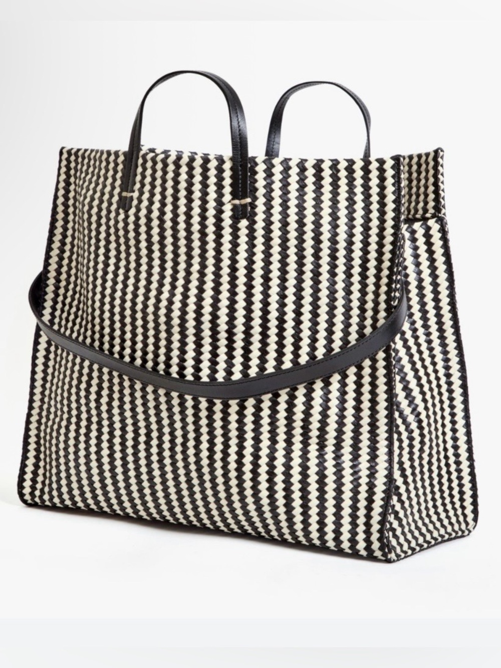 Clare V Simple Tote — Woven leather with a black-and-white striped pattern